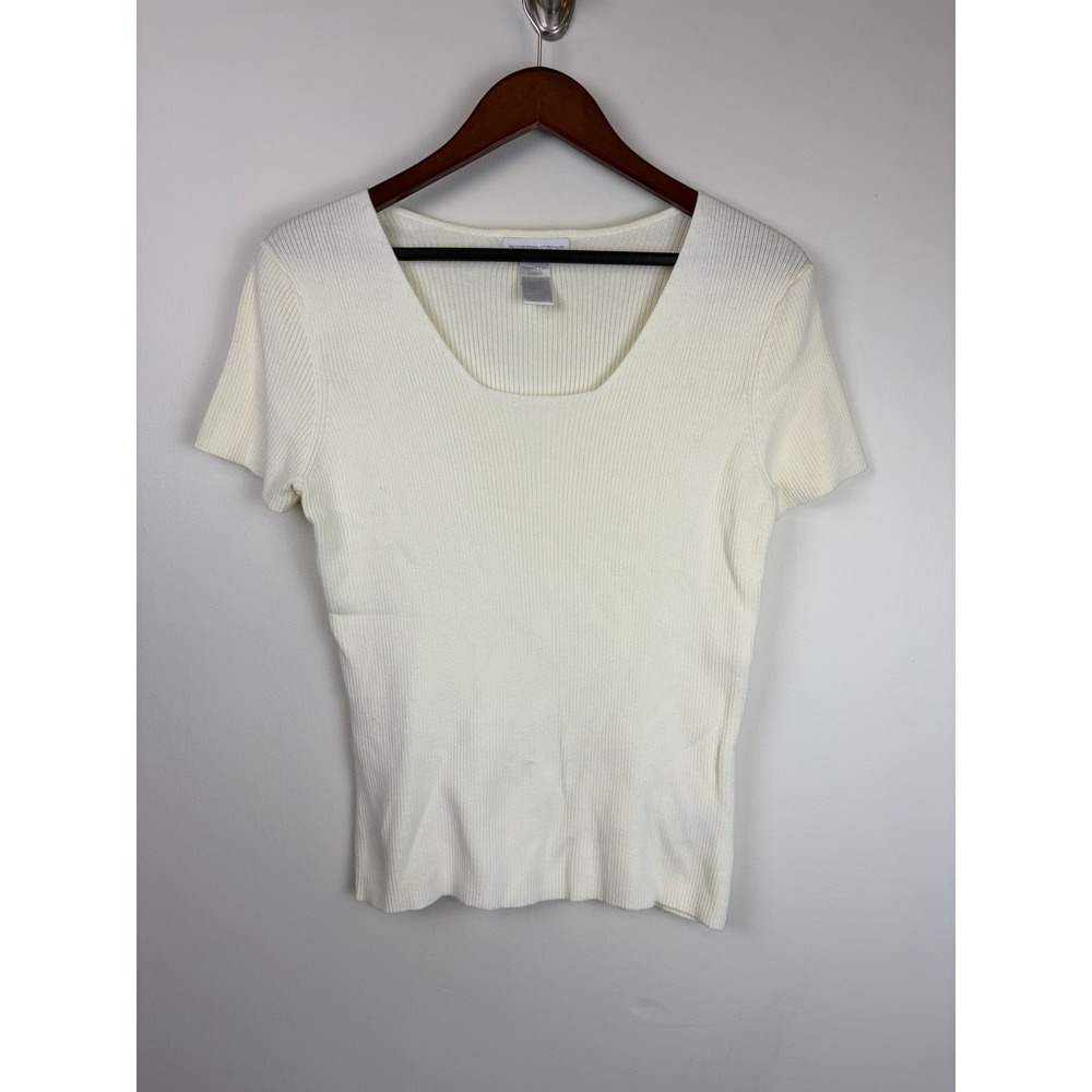 Vintage 90s Worthington Knit Top Small Cream Ribbed Scoop Neck Basic Minimalist